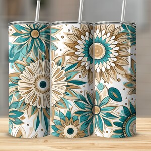 Boho Teal Daisy Floral Flower Skinny Tumbler Sublimation Template Instant Digital Design Download PNG 20 oz Skinny Tumbler Wrap