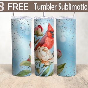 Cardinal With Peony Flowers Bird and Flowers Sublimation Instant Digital Design Download | Skinny Tumbler Wrap 20oz Design - PNG Flower PNG