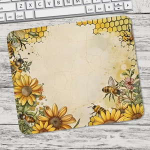 Bees Honey Comb and Sunflowers Mouse Pad Sublimation Design, Mouse Pad Sublimation, Square Mouse Pad, Digital Mouse Pad PNG, Tumbler