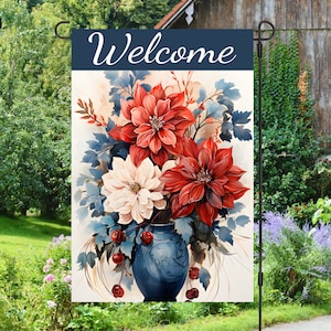 Watercolor Poinsettias In Flower Pot Welcome Flag 12x18 Garden Flag Sublimation Design, Digital Download, Sublimation Graphics PNG