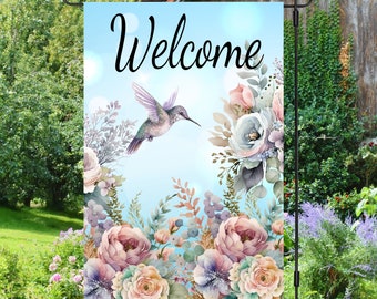 Welcome Pastel Peony Hummingbird Flower 12x18 Garden Flag Sublimation Design, Digital Download, Sublimation Graphics PNG Flower PNG