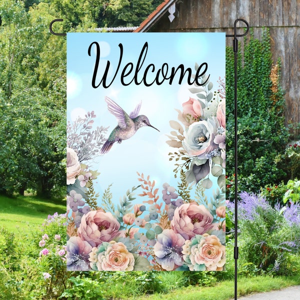 Welcome Pastel Peony Hummingbird Flower 12x18 Garden Flag Sublimation Design, Digital Download, Sublimation Graphics PNG Flower PNG