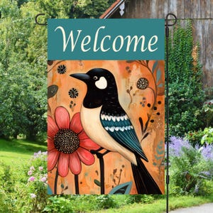 Magpie Bird with Flowers Folk Art Welcome 12x18 Garden Flag Sublimation Design Digital Download, Sublimation Graphics PNG