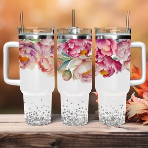 Pink Peony Glitter Flower 40 oz Tumbler Wrap Sublimation Design Template Instant Digital Download PNG Tumbler Design Floral Tumbler Wrap