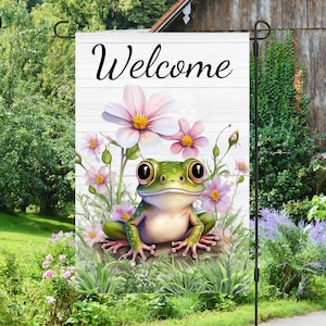 Welcome Frog Pink Flowers 2 Floral 12x18 Garden Flag Sublimation Design, Digital Download, Sublimation Graphics PNG Frog PNG
