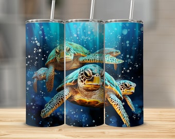 Sea Turtles in Teal Ocean At Night Skinny Tumbler Sublimation Template Instant Digital Design Download PNG 20 oz Skinny Tumbler Wrap