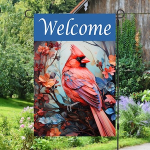 Cardinal Bird in Tree Welcome 12x18 Garden Flag Sublimation Design, Digital Download, Sublimation Graphics PNG Cardinal PNG, Bird png