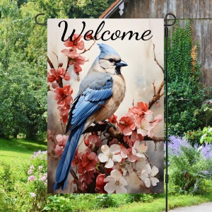 Blue Jay Bird on Tree with Flowers Welcome Flag 12x18 Garden Flag Sublimation Design, Digital Download, Sublimation Graphics PNG