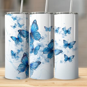 Blue Butterfly Swirl Skinny Tumbler Sublimation Template Instant Digital Design Download PNG 20 oz Skinny Tumbler Wrap