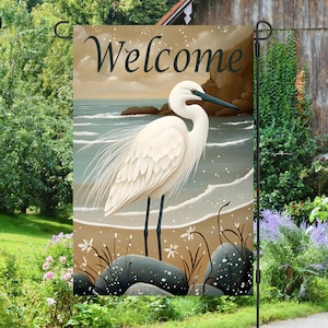 Snowy Egret Bird on Beach Folk Art Welcome 12x18 Garden Flag Sublimation Design Digital Download, Sublimation Graphics PNG