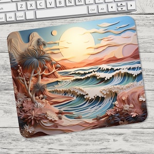 3D Beach at Sunset Sublimation Design Mouse Pad Sublimation, Square Mouse Pad Template Digital Mouse Pad PNG, Beach Mouse Pad