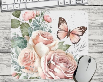 Pink Butterfly Rose Floral Flower Mouse Pad Sublimation Square Round Mouse Pad Template Digital Mouse Pad PNG Sublimation Mouse Pad PNG