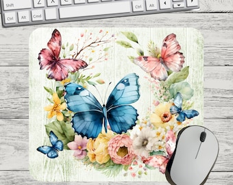 Blue Pink Butterfly Flower Floral Mouse Pad Sublimation Square Round Mouse Pad Template Digital Mouse Pad PNG Sublimation Mouse Pad PNG