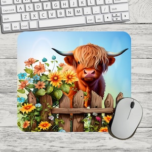Highland Cow Farm Flowers Mouse Pad Sublimation Square Round Mouse Pad Template Digital Mouse Pad PNG Sublimation Mouse Pad PNG Cow PNG