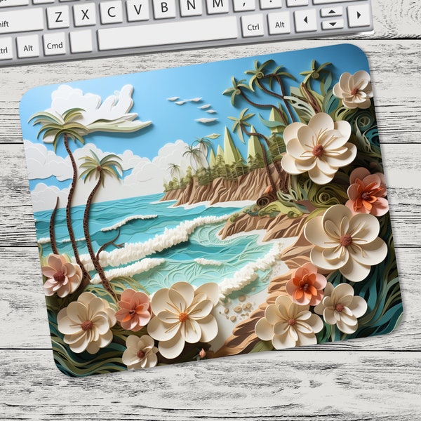 3D Beach With White Flowers Sublimation Design Mouse Pad Sublimation, Square Mouse Pad Template Digital Mouse Pad PNG, Beach Mouse Pad
