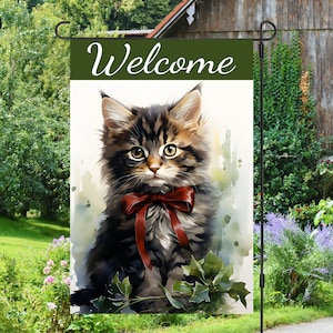 Christmas Cat with Bow Welcome Flag 12x18 Garden Flag Sublimation Design, Digital Download, Sublimation Graphics PNG