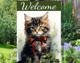 Hello Fall Cute Peeking Cat Personalized Garden Flag
