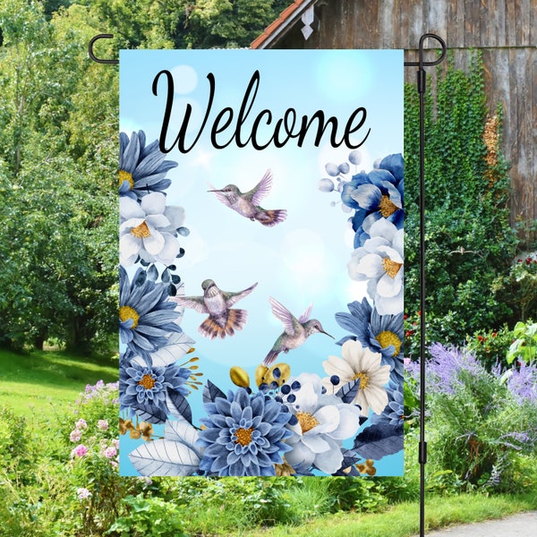 Welcome Blue Daisy Hummingbird Flower 12x18 Garden Flag Sublimation Design, Digital Download, Sublimation Graphics PNG Flower PNG