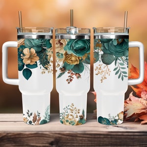Teal Gold Blue Flower 40 oz Tumbler Wrap Sublimation Design Template Instant Digital Download PNG Tumbler Design Floral Tumbler Wrap