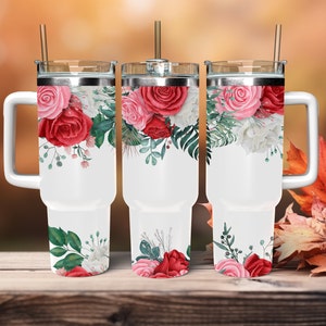 Red Pink Rose Flower 40 oz Tumbler Wrap Sublimation Design Template Instant Digital Download PNG Tumbler Design Floral Tumbler Wrap