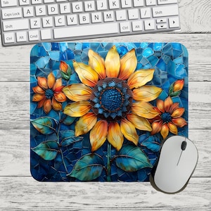 Sunflower Flower on Blue in Stained Glass Mouse Pad Sublimation Template Digital Mouse Pad PNG Sublimation Mouse Pad PNG, Flower png
