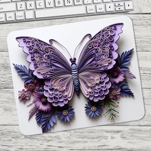 May include: A purple butterfly with intricate paper designs, surrounded by purple and blue paper flowers. The butterfly and flowers are on a white background.