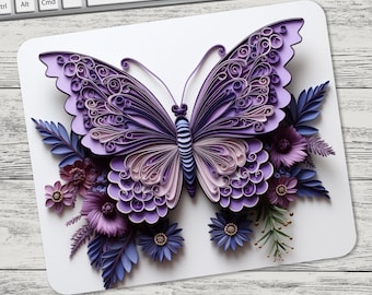 3D Purple Butterfly Quilling Sublimation Design Mouse Pad Sublimation, Square Mouse Pad Template Digital Mouse Pad PNG, Butterfly Mouse Pad