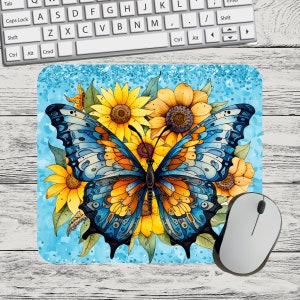 Blue Butterfly Sunflowers and Glitter  Mouse Pad Sublimation Square Round Mouse Pad Template Digital Mouse Pad PNG Sublimation Mouse Pad PNG