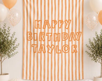 Pancarta personalizada de feliz cumpleaños, letrero de decoración de fiesta con fondo a rayas, fondo de cumpleaños para adultos, niños y adolescentes.