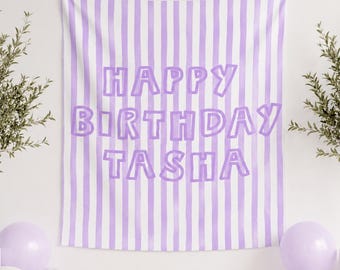 Pancarta personalizada de feliz cumpleaños, letrero de decoración de fiesta con fondo a rayas, fondo de cumpleaños para adultos, niños y adolescentes.