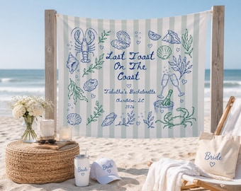 Banner de despedida de soltera "Último brindis en la costa", tapiz de despedida de soltera costero, fondo para fotomatón de fiesta de despedida de soltera en la playa.