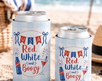Enfriador de latas patriótico rojo, blanco y con alcohol, funda para bebidas orgullosamente estadounidense, aislante para bebidas del 4 de julio, recuerdo para fiesta de verano de EE. UU.