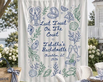 Banner de despedida de soltera "Último brindis en la costa", tapiz de despedida de soltera costero, fondo para fotomatón de fiesta de despedida de soltera en la playa.