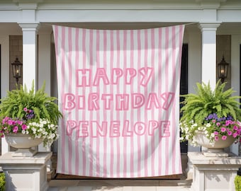 Pancarta personalizada de feliz cumpleaños, letrero de decoración de fiesta con fondo a rayas, fondo de cumpleaños para adultos, niños y adolescentes.