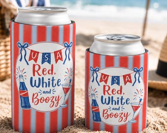 Enfriador de latas patriótico rojo, blanco y con alcohol, funda para bebidas orgullosamente estadounidense, aislante para bebidas del 4 de julio, recuerdo para fiesta de verano de EE. UU.