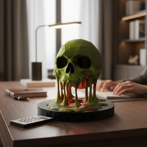 Lámpara de pie con forma de calavera de baja poligonización, decoración Memento Mori – Base de luz LED – Soporte para auriculares – Decoración gótica para el hogar – Escultura de calavera moderna, estoicismo estoico