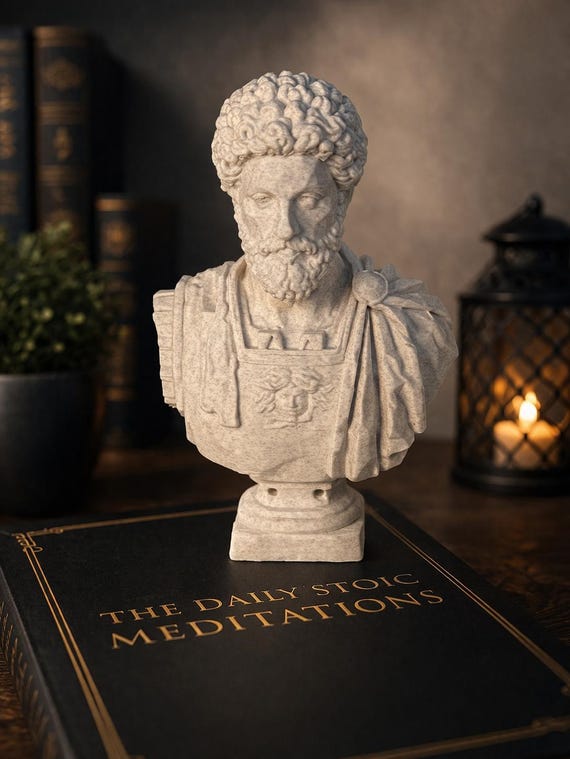 Marcus Aurelius Bust | Stoic Philosopher Sculpture | Marble Effect Desk Decor Statue