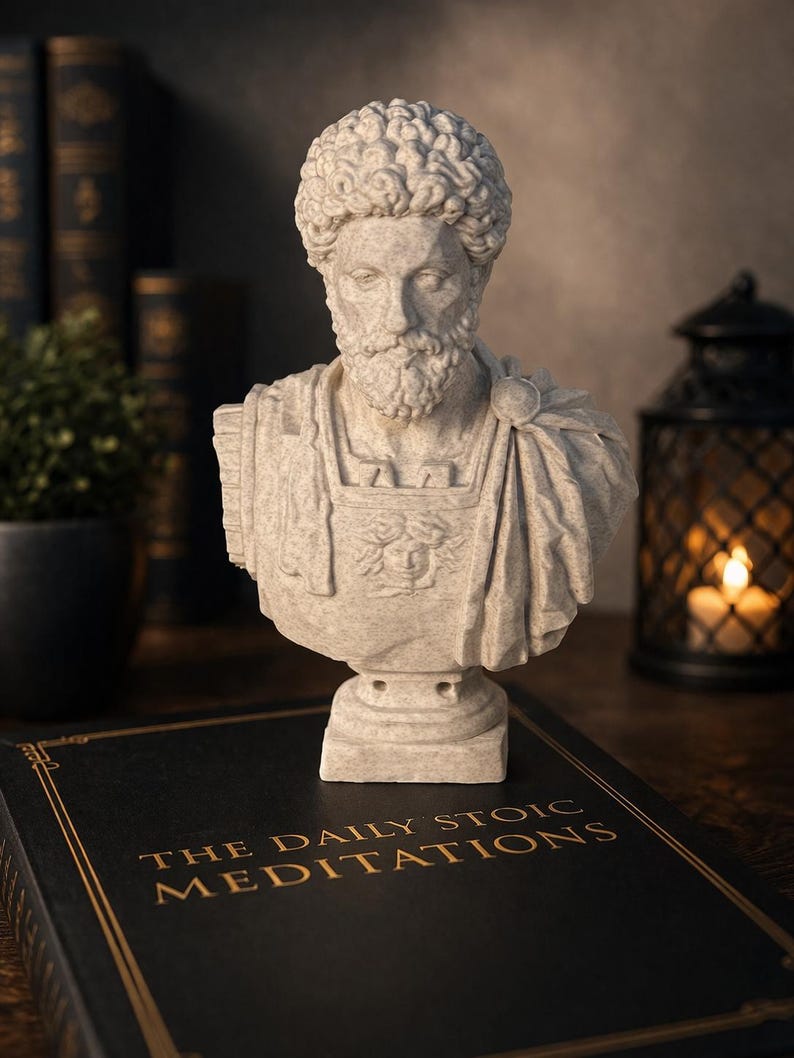 May include: A detailed bust of Marcus Aurelius, in a light stone color, sits atop a book titled "The Daily Stoic Meditations." The bust features curly hair and a beard. The book is black with gold lettering. A candle lantern is in the background.