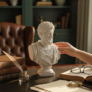 May include: A white marble bust of a man with curly hair and a beard. The bust is on a desk with books, a magnifying glass, and an inkwell with a quill. The background includes a bookshelf and a leather chair.