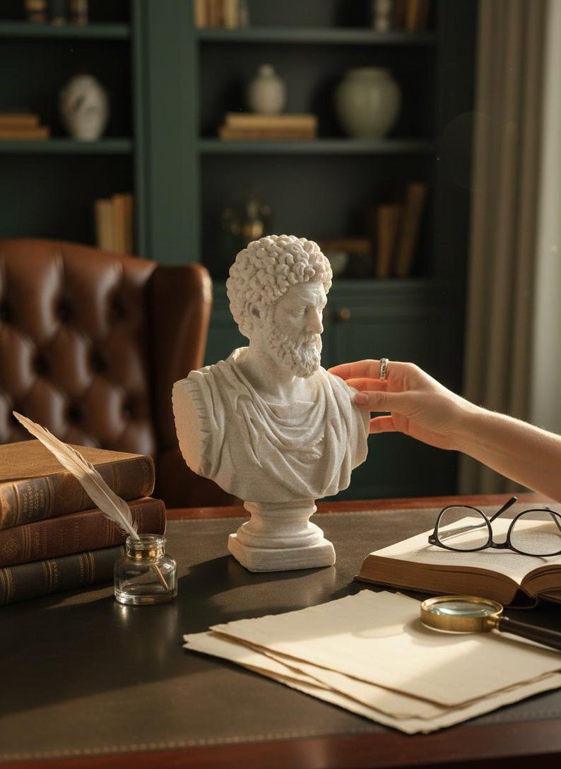 May include: A white marble bust of a man with curly hair and a beard. The bust is on a desk with books, a magnifying glass, and an inkwell with a quill. The background includes a bookshelf and a leather chair.