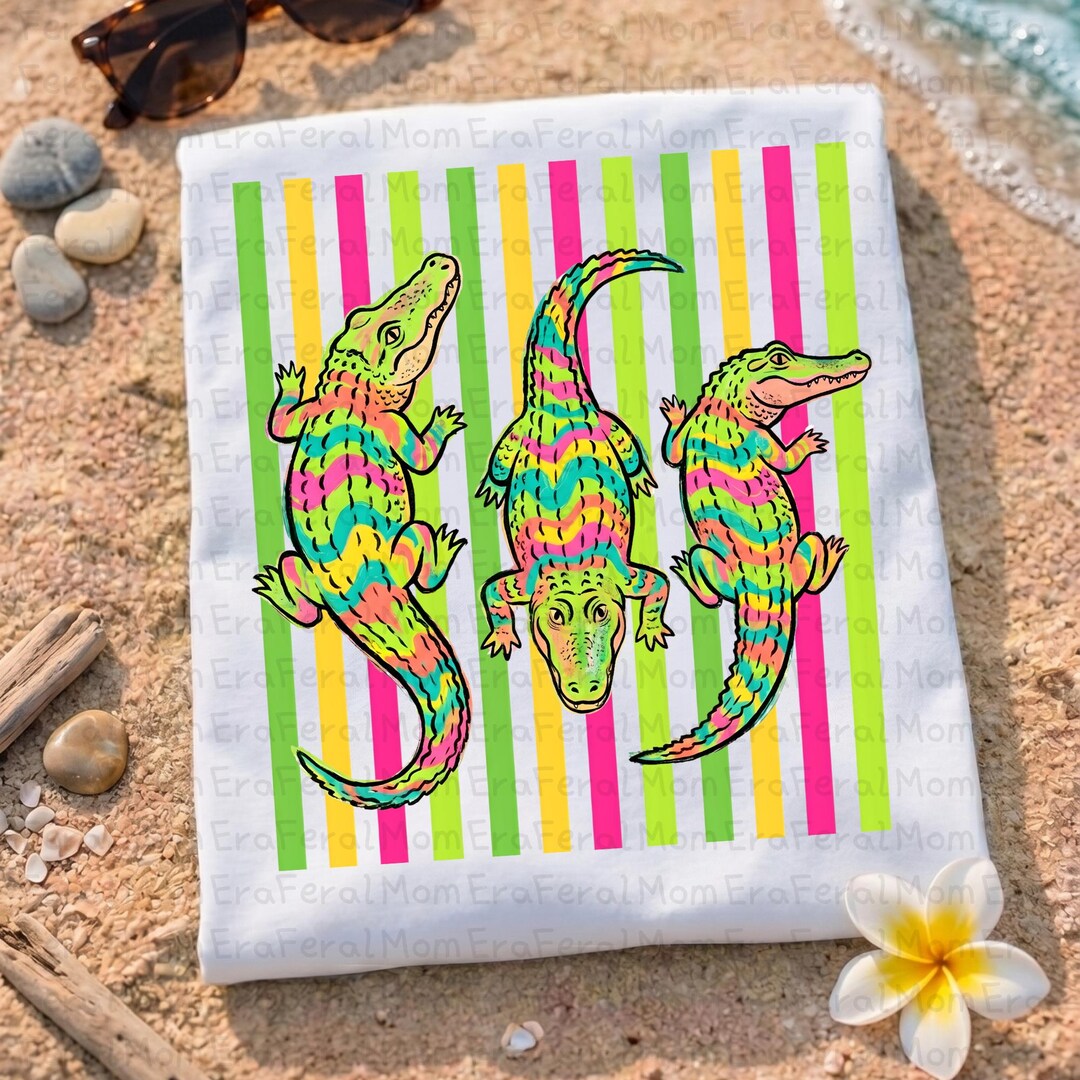 Colorful Alligator PNG, Preppy Crocodile Trio Sublimation, Neon Stripe ...