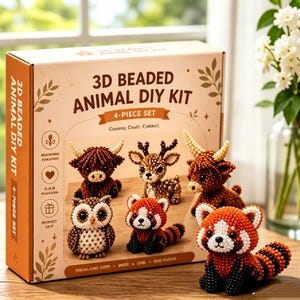 May include: A 3D beaded animal DIY kit box featuring a 4-piece set of small, intricate animal figures including a highland cow, a deer, an owl, and a red panda. The box displays the text 3D BEADED ANIMAL DIY KIT and includes illustrations of the animals.