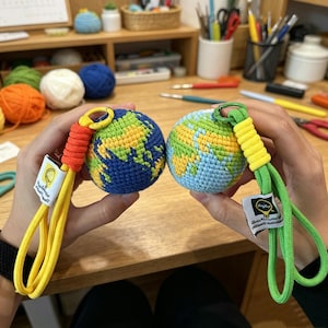 May include: Two crocheted globe keychains. One globe is blue, green, and yellow, with an orange wrist strap. The other is blue, green, and yellow, with a green wrist strap. Each keychain has a tag with text.