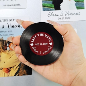 Retro Red Vinyl Record Save The Date Magnet, Personalized Wedding Fridge Magnet, Music Inspired Invite
