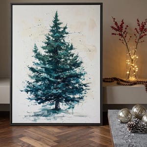 May include: A framed canvas art print featuring a teal and blue painted evergreen tree. The artwork has a white and beige background with black paint splatters. The tree is the focal point, with a dark frame.