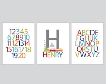 Train kids wall art, Personalized Name, Alphabet, Numbers- Three 8x10 prints