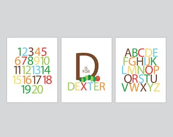 Kids room wall art, Personalized Name, Alphabet, Numbers - Hungry Caterpillar - Three Prints