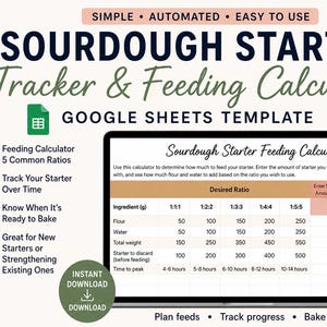 May include: A digital sourdough starter tracker and feeding calculator template for Google Sheets. The image shows a laptop displaying a spreadsheet with feeding ratios, flour, water, and time to peak. A jar of starter is in the background.