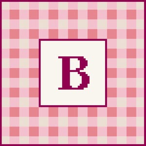 Puede incluir: Un diseño cuadrado con un patrón de cuadros rosas y blancos y un borde magenta. Un cuadrado blanco en el centro contiene la letra "B" magenta. El diseño tiene una estética pixelada, adecuado para varios productos.