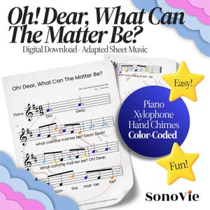 Può includere: Spartito digitale di "Oh! Dear, What Can The Matter Be?" con note a colori per pianoforte, xilofono e campane a mano. Il download include i testi "Easy!" e "Fun!" su stelle gialle.